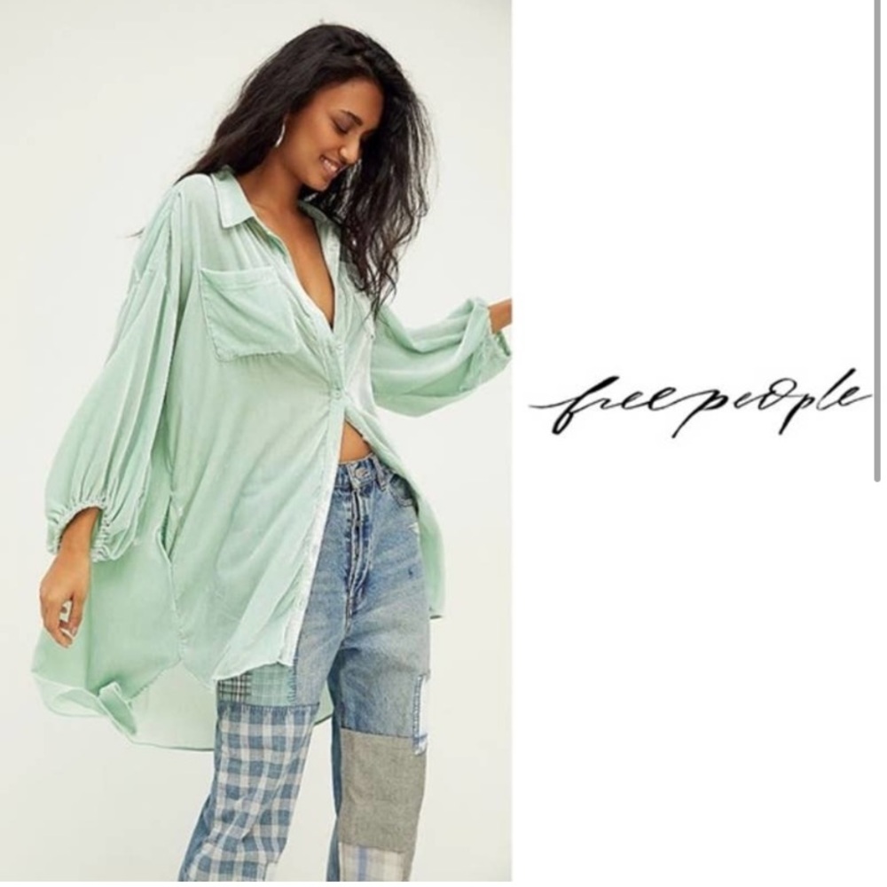 Free People Velvet Shirt Dress in Mint